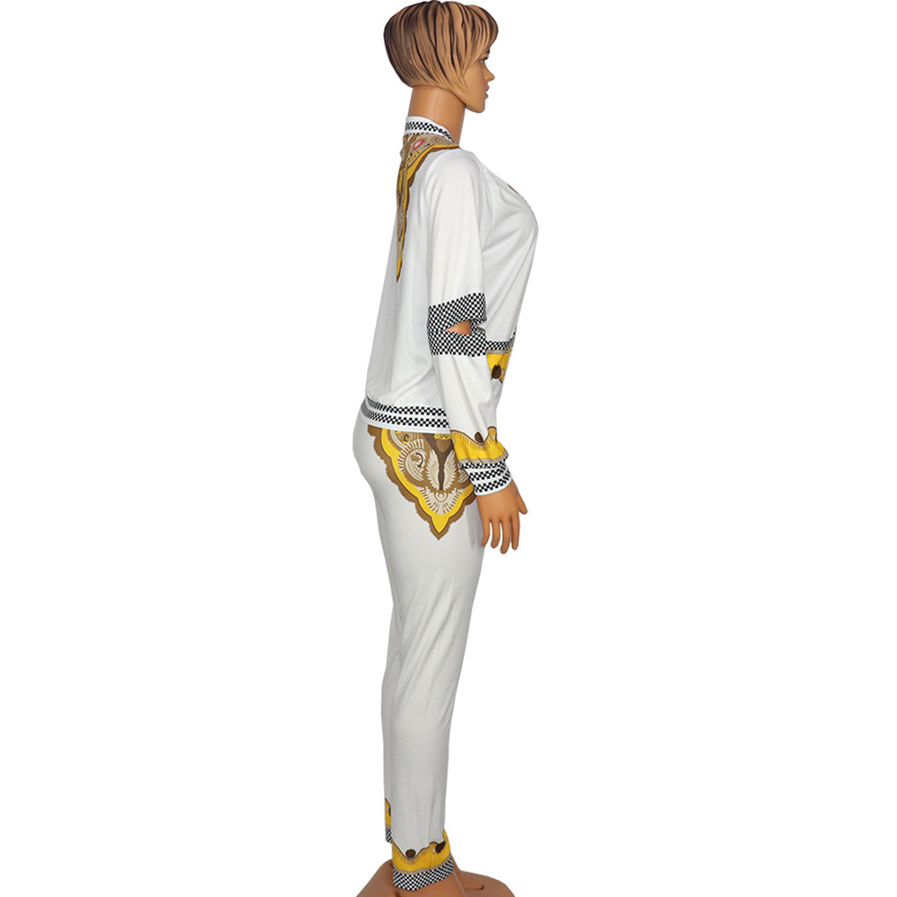 2021 High quality Two Piece set African Women Dashiki Office Suit Top Pencil Pants Set Flower Print Tracksuit