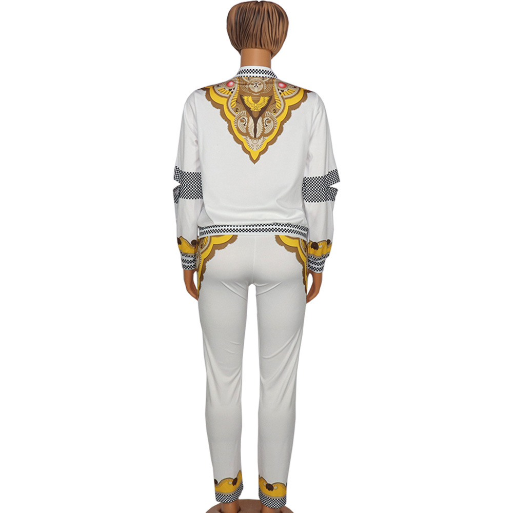 2021 High quality Two Piece set African Women Dashiki Office Suit Top Pencil Pants Set Flower Print Tracksuit