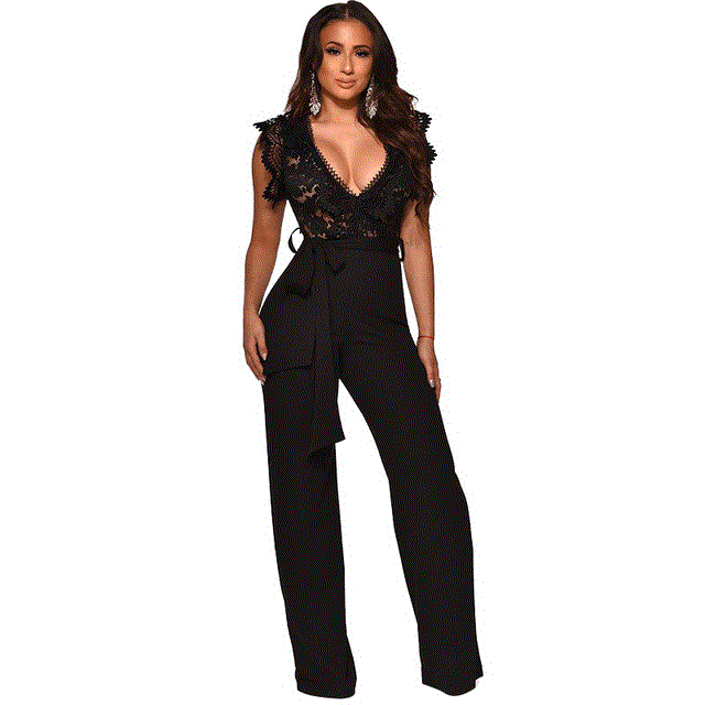 2021 High quality Women Sexy Lace Patchwork Jumpsuits Fashion V Neck High Waist Rompers Sleeveless Elegant Office suit