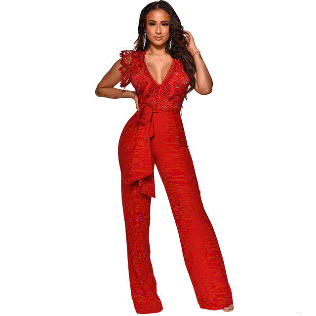 2021 High quality Women Sexy Lace Patchwork Jumpsuits Fashion V Neck High Waist Rompers Sleeveless Elegant Office suit