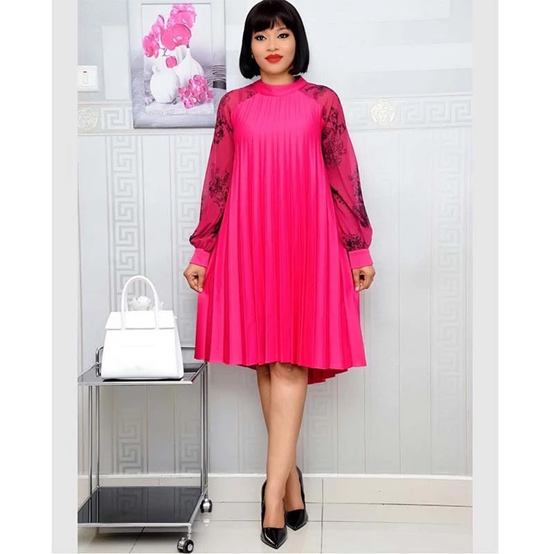 2021 High quality Africa Women Pleated Dress Chiffon O-Neck Long Sleeve Knee Length A-Line Dress Party Dress Plus Size