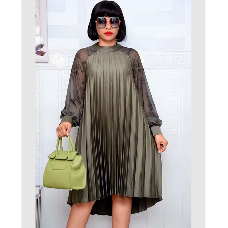 2021 High quality Africa Women Pleated Dress Chiffon O-Neck Long Sleeve Knee Length A-Line Dress Party Dress Plus Size