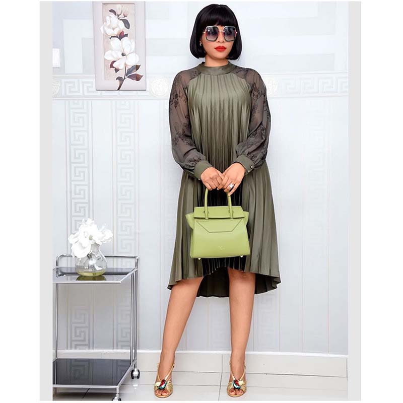 2021 High quality Africa Women Pleated Dress Chiffon O-Neck Long Sleeve Knee Length A-Line Dress Party Dress Plus Size