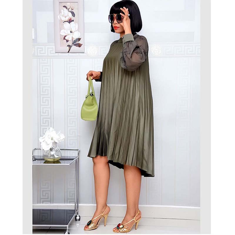 2021 High quality Africa Women Pleated Dress Chiffon O-Neck Long Sleeve Knee Length A-Line Dress Party Dress Plus Size