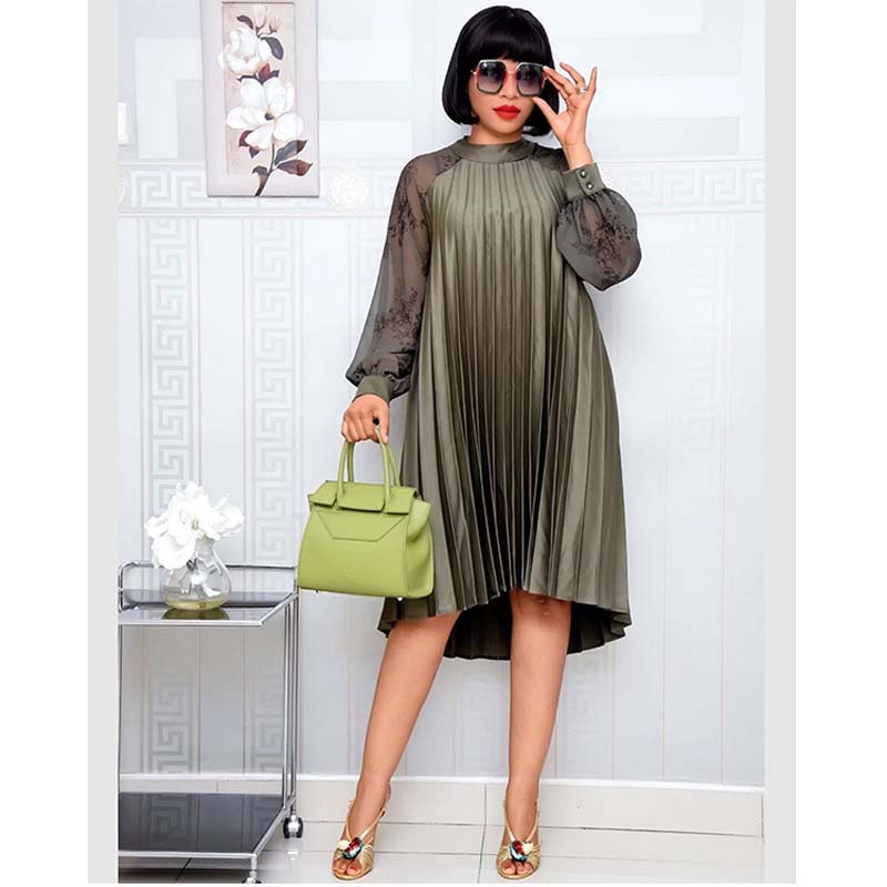 2021 High quality Africa Women Pleated Dress Chiffon O-Neck Long Sleeve Knee Length A-Line Dress Party Dress Plus Size