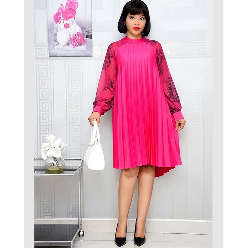 2021 High quality Africa Women Pleated Dress Chiffon O-Neck Long Sleeve Knee Length A-Line Dress Party Dress Plus Size