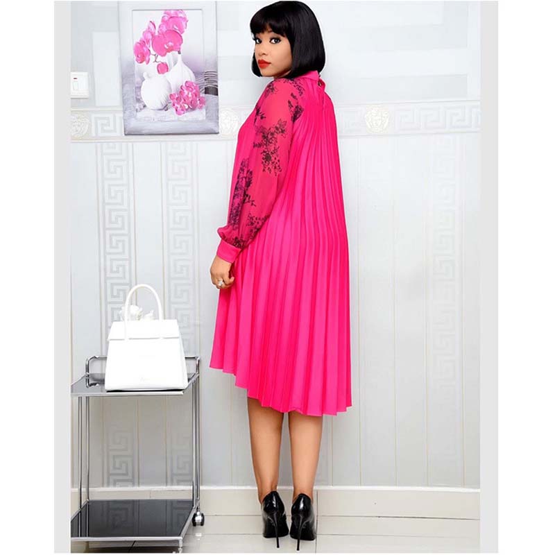2021 High quality Africa Women Pleated Dress Chiffon O-Neck Long Sleeve Knee Length A-Line Dress Party Dress Plus Size