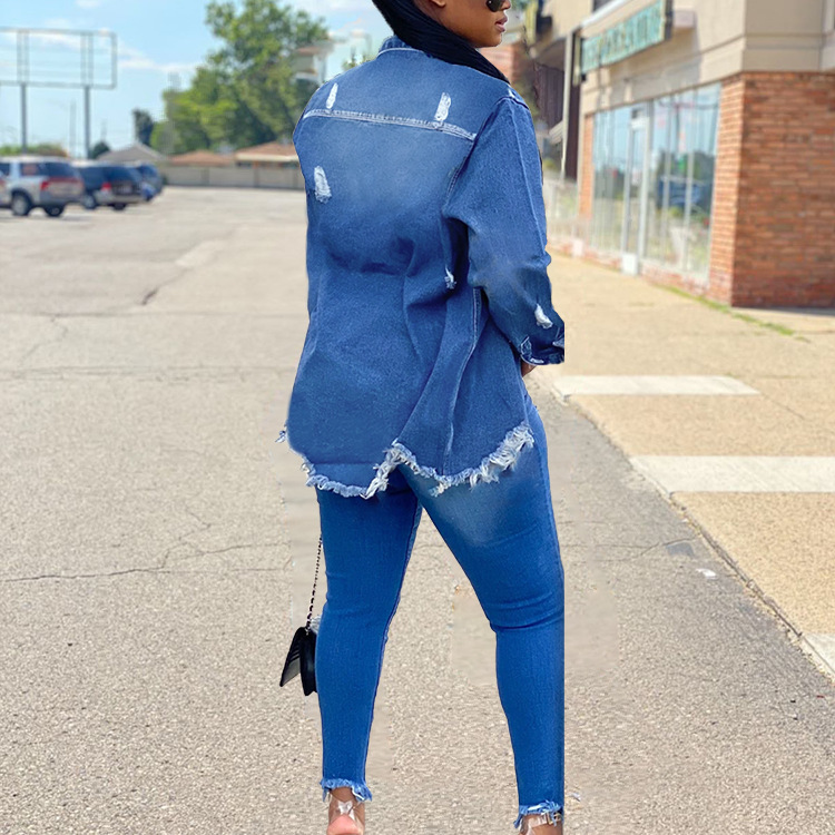 2021 High quality Women Blue Denim Jackets Tassel Ripped Denim Jacket Women Hole New Fashion Denim Blue Long Coat
