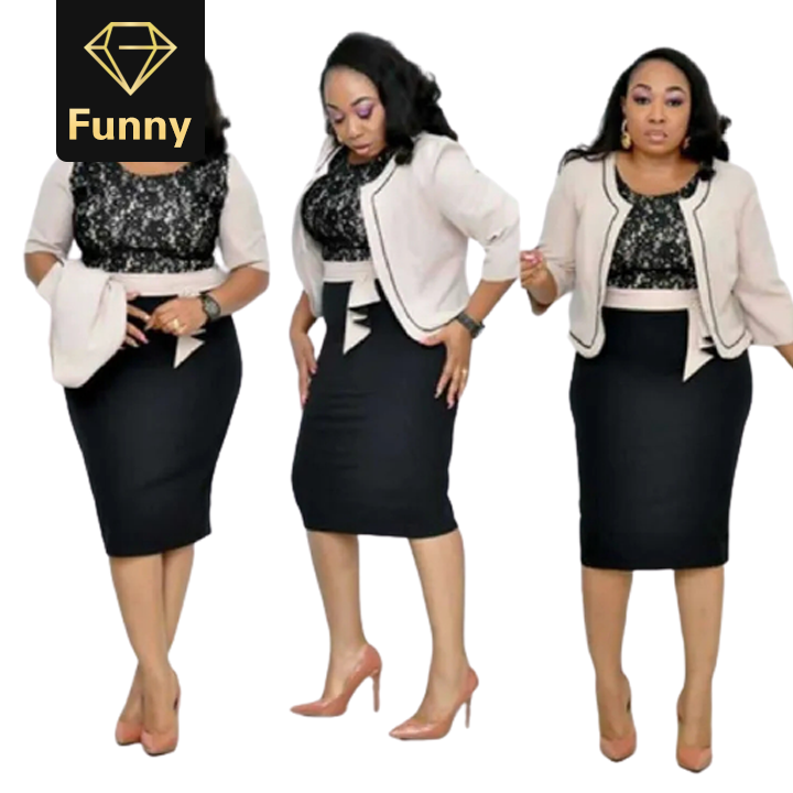 2021 High quality African Clothes Lace Patchwork Two Piece Set Women Elegant BlazerandLace Pencil Dress Office Lady