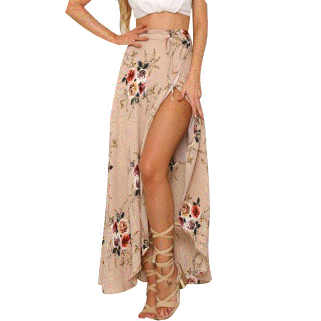 2021 High quality Women Irregular Long Skirt Summer Boho Vintage Floral Print Side Slit Wrap Maxi Skirt Waist Skirts