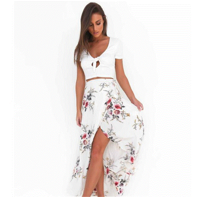 2021 High quality Women Irregular Long Skirt Summer Boho Vintage Floral Print Side Slit Wrap Maxi Skirt Waist Skirts