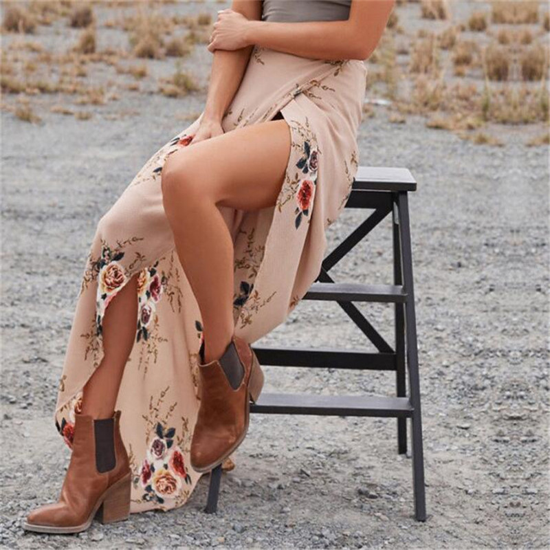 2021 High quality Women Irregular Long Skirt Summer Boho Vintage Floral Print Side Slit Wrap Maxi Skirt Waist Skirts