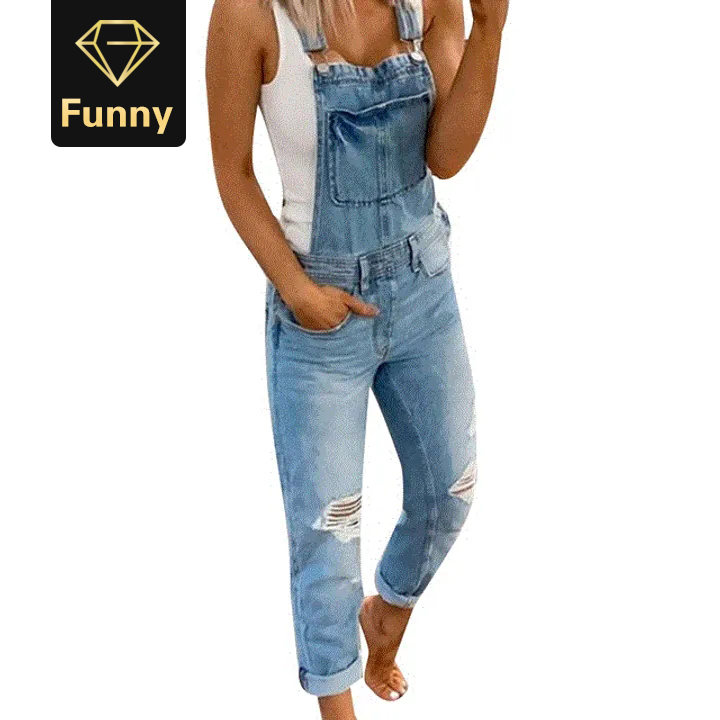 2021 High quality Women's Suspender Pants Ripped Backless Loose Casual Wear Pockets Slim Hole Wash Trousers