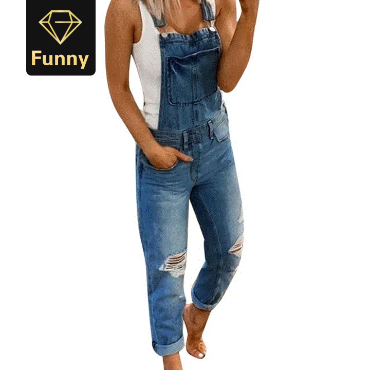 2021 High quality Women's Suspender Pants Ripped Backless Loose Casual Wear Pockets Slim Hole Wash Trousers