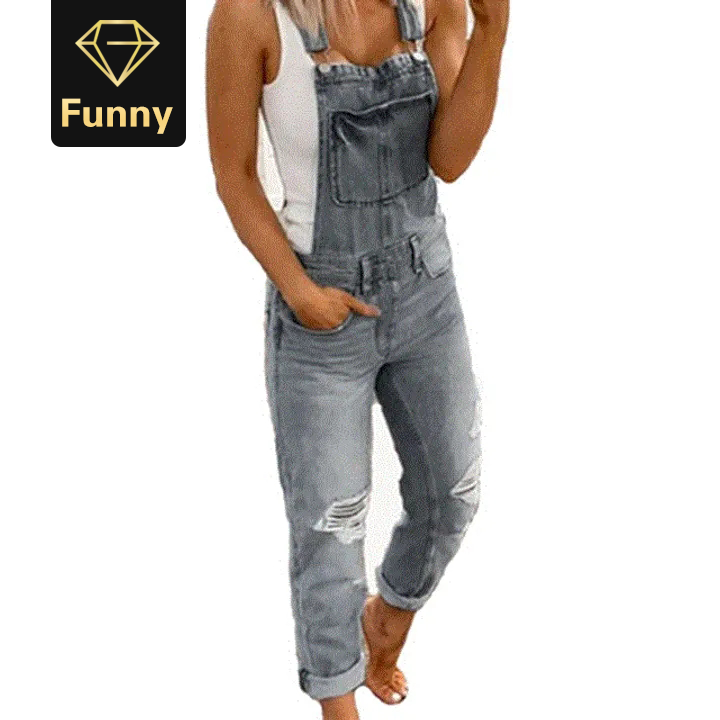2021 High quality Women's Suspender Pants Ripped Backless Loose Casual Wear Pockets Slim Hole Wash Trousers