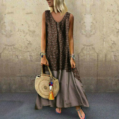 2021 High quality ew Women Vintage Baggy Pleat Linen Party Maxi Dress Plus Size Swing Long Kaftan
