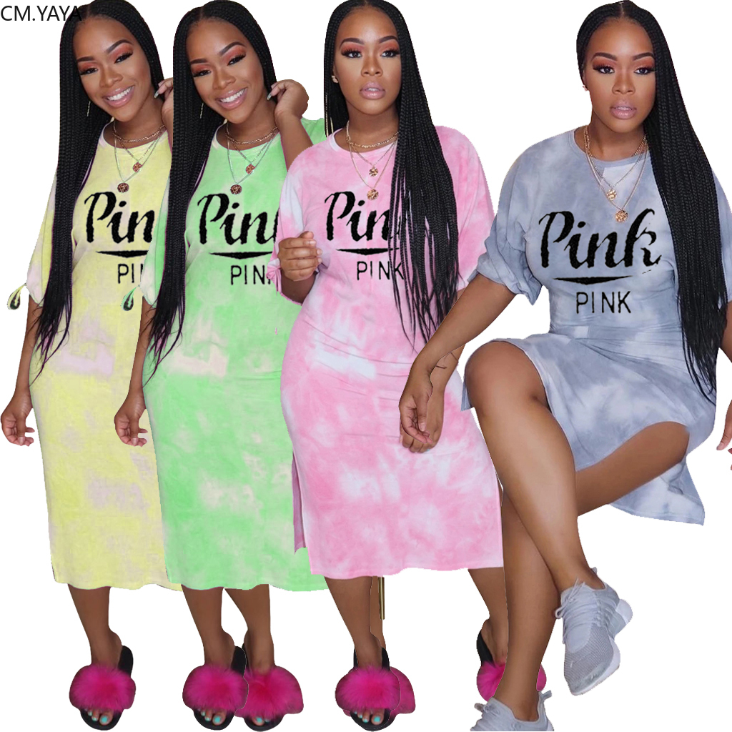 2021 High quality New Women Summer Elegant Tie Dye Pink Letter Print Short Sleeve Tee Side Split Slim Dress Casual