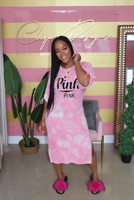 2021 High quality New Women Summer Elegant Tie Dye Pink Letter Print Short Sleeve Tee Side Split Slim Dress Casual