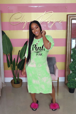 2021 High quality New Women Summer Elegant Tie Dye Pink Letter Print Short Sleeve Tee Side Split Slim Dress Casual