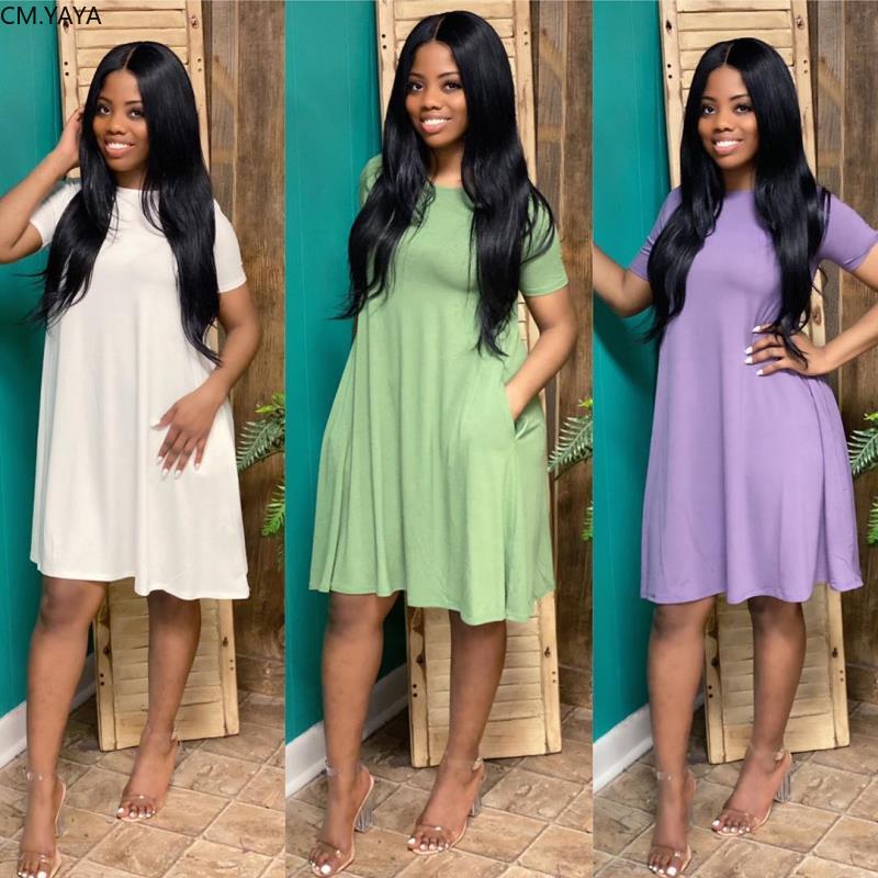 2021 High quality CM.YAYA Women Summer O-neck Short Sleeve With Pocket Solid Color A-line Loose Knee Length Dress
