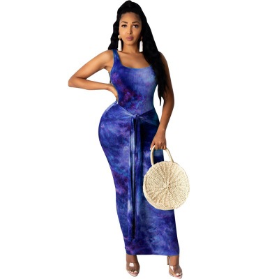 2021 High quality Women Summer Fashion Dress Long Maxi Dress Sleeveless Tie-dye Print Bandage Beach Night Club Party