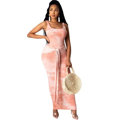 2021 High quality Women Summer Fashion Dress Long Maxi Dress Sleeveless Tie-dye Print Bandage Beach Night Club Party