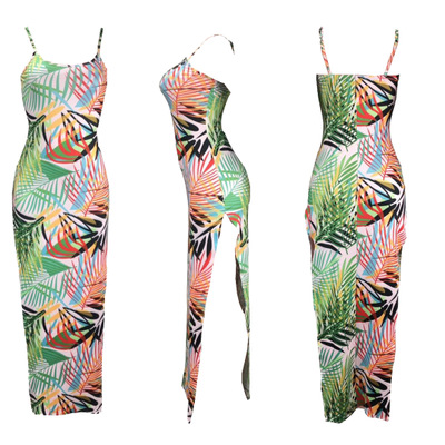 2021 High quality new women summer leaf print beach sexy side split maxi slim dress spaghetti strap party club night