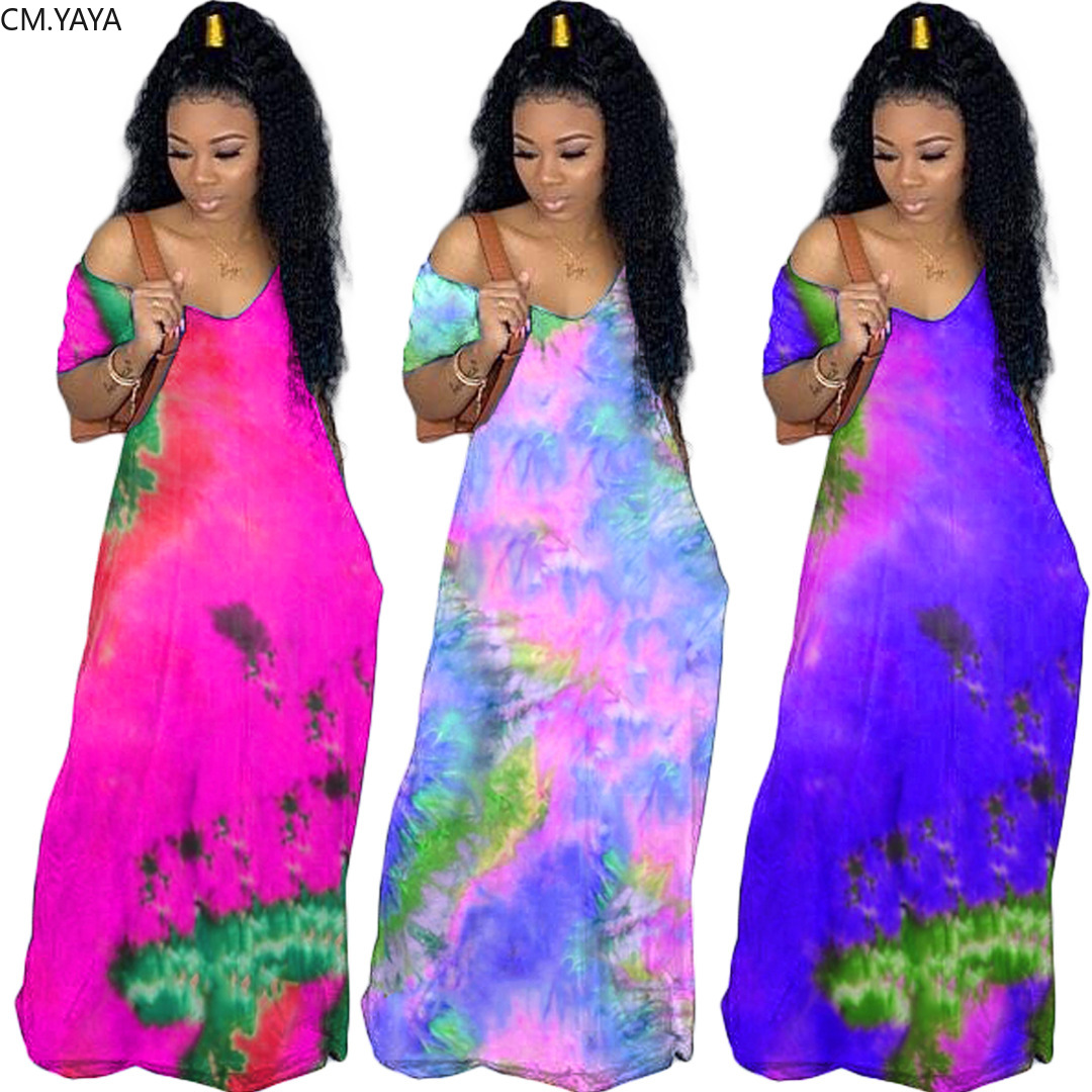 2021 High quality CM.YAYA Women Tie Dye Print Off Shoulder Slim Maxi V-neck Dress Sexy Party Club Floor Long Dresses