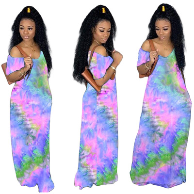 2021 High quality CM.YAYA Women Tie Dye Print Off Shoulder Slim Maxi V-neck Dress Sexy Party Club Floor Long Dresses