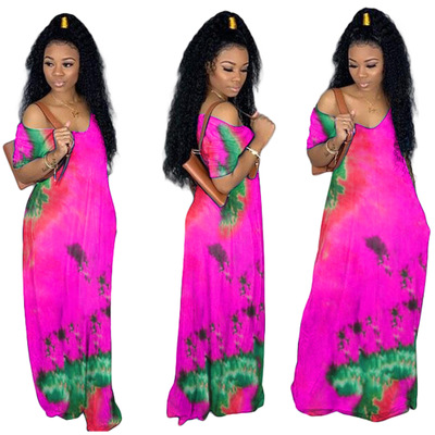 2021 High quality CM.YAYA Women Tie Dye Print Off Shoulder Slim Maxi V-neck Dress Sexy Party Club Floor Long Dresses