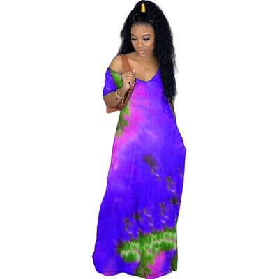 2021 High quality CM.YAYA Women Tie Dye Print Off Shoulder Slim Maxi V-neck Dress Sexy Party Club Floor Long Dresses