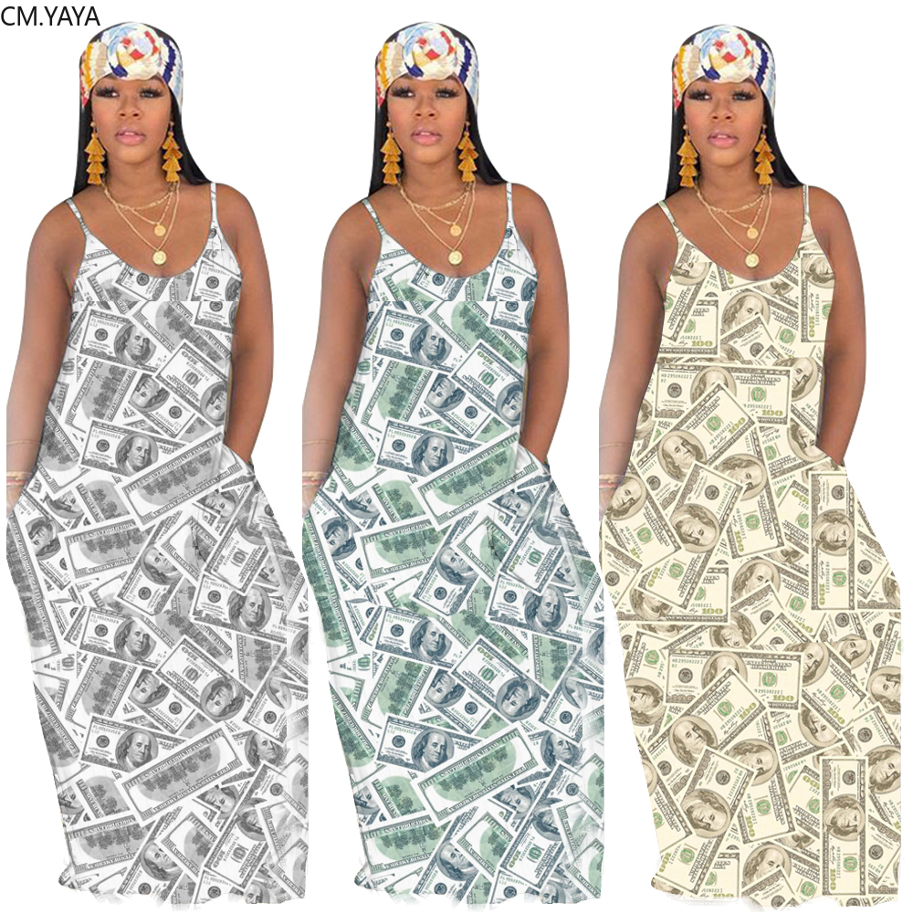2021 High quality CM.YAYA women summer US Dollar Print Spaghetti Strap A-line Loose Maxi Dress high streetwear beach