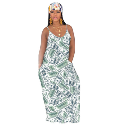2021 High quality CM.YAYA women summer US Dollar Print Spaghetti Strap A-line Loose Maxi Dress high streetwear beach