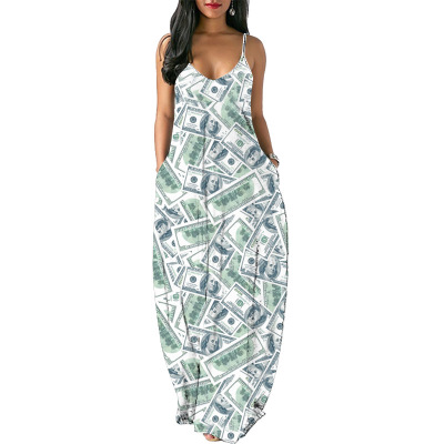 2021 High quality CM.YAYA women summer US Dollar Print Spaghetti Strap A-line Loose Maxi Dress high streetwear beach