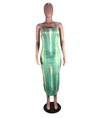 2021 High quality women new summer wave stripes print spaghetti strap sleeveless bodycon mid-calf length midi dress