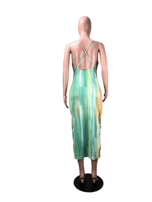 2021 High quality women new summer wave stripes print spaghetti strap sleeveless bodycon mid-calf length midi dress