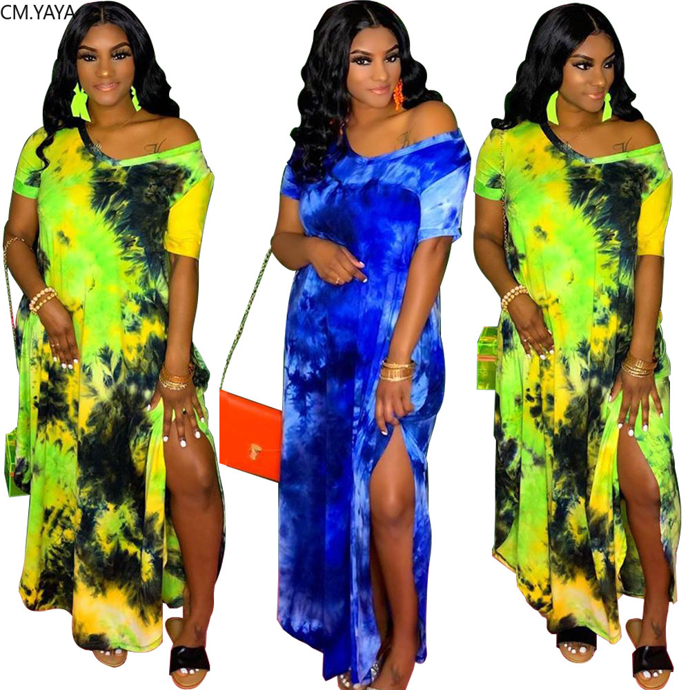 2021 High quality CM.YAYA Women Tie Dye Print V-neck Short Sleeve Side Split Loose Slim Maxi Long Dress Vestidos
