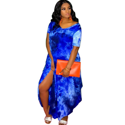2021 High quality CM.YAYA Women Tie Dye Print V-neck Short Sleeve Side Split Loose Slim Maxi Long Dress Vestidos