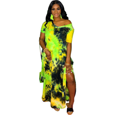 2021 High quality CM.YAYA Women Tie Dye Print V-neck Short Sleeve Side Split Loose Slim Maxi Long Dress Vestidos