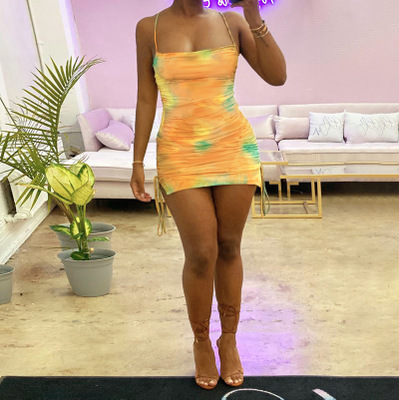 2021 High quality Hugcitar tie dye ruched bandage sexy mini dress summer women fashion streetwear outfits