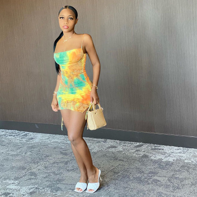 2021 High quality Hugcitar tie dye ruched bandage sexy mini dress summer women fashion streetwear outfits