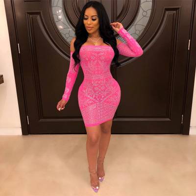 2021 High quality new women summer hot drilling rhinstones leaf floral off shoulder long sleeve bodycon dresses