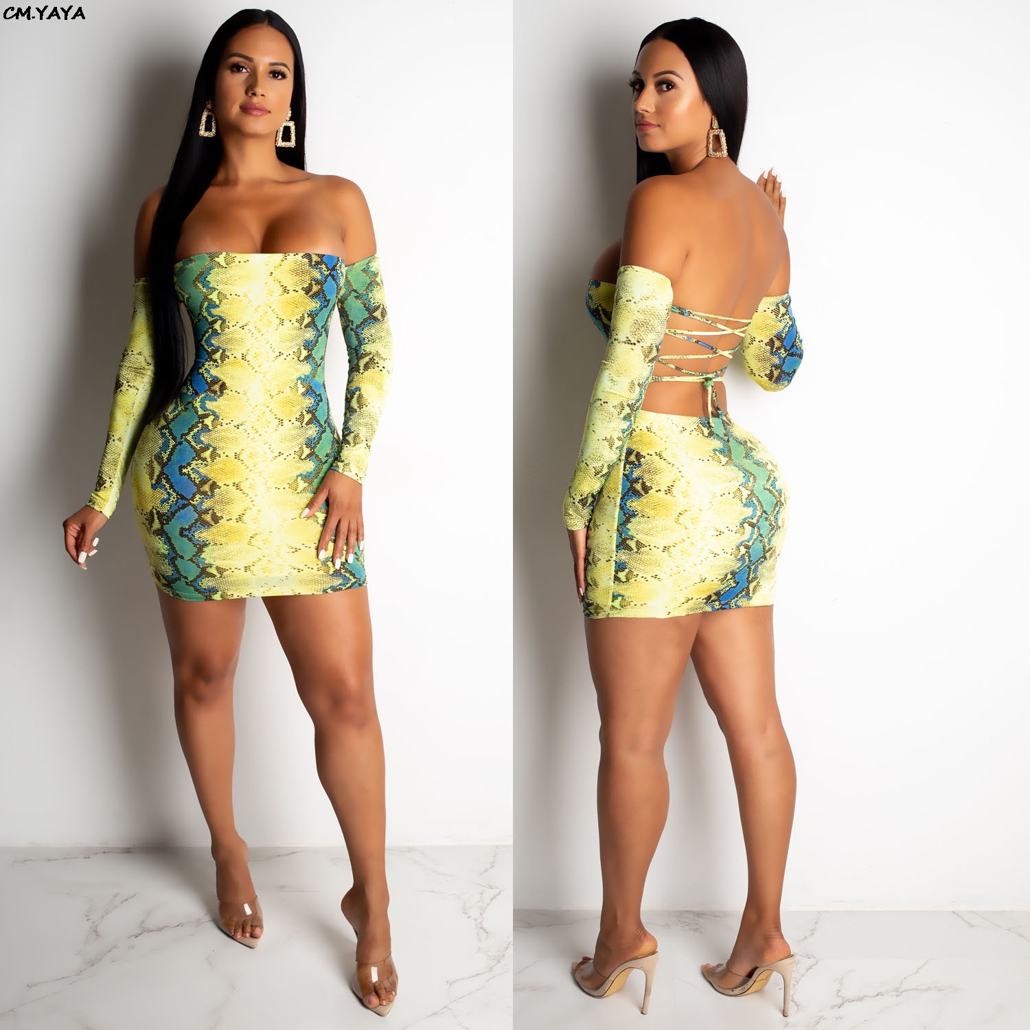 2021 High quality women new summer snake skin print off the shoulder lace up open back bodycon midi mini dress