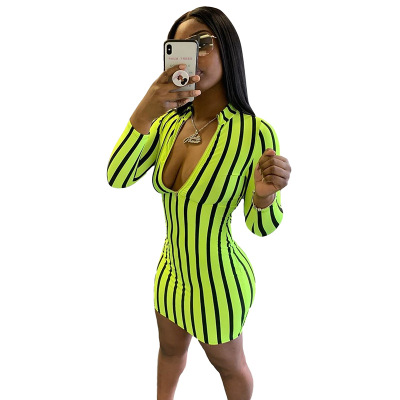 2021 High quality long sleeve turtleneck zipper fashion casual dress women high street striped mini bodycon dress new