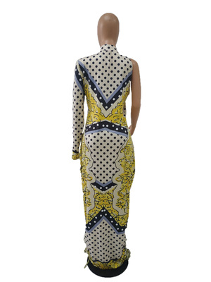 2021 High quality Women Winter Maxi Dress Turtleneck Print Dress One Shoulder Full Sleeve Sexy Fashion Evening Dresses