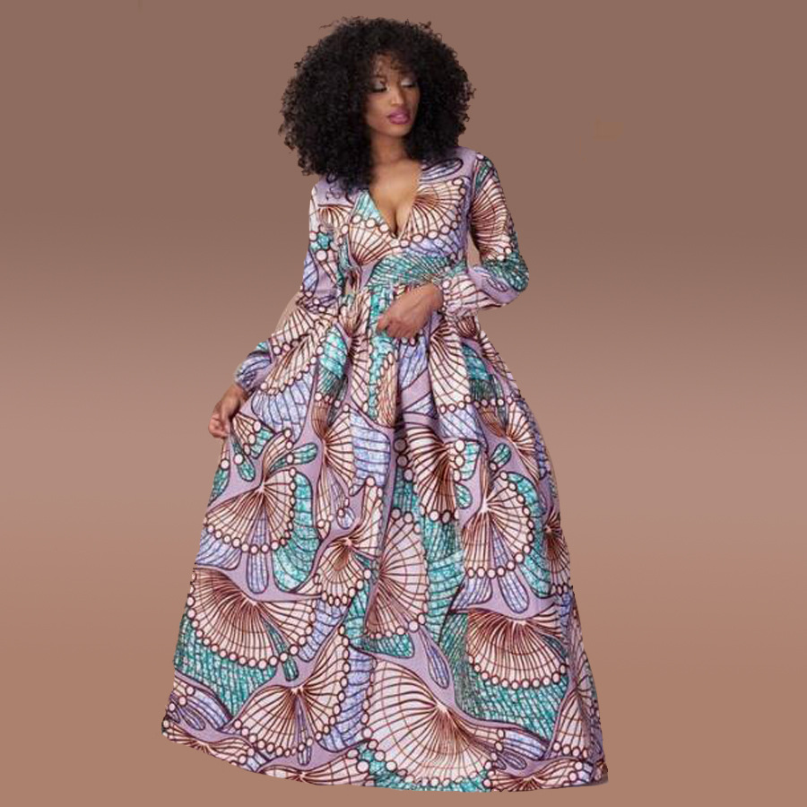2021 High quality New Women Dress Autumn Winter V neck Long Sleeve Print Loose Dress Fashion Evening Long Dress