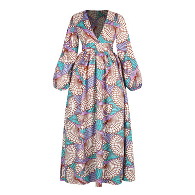 2021 High quality New Women Dress Autumn Winter V neck Long Sleeve Print Loose Dress Fashion Evening Long Dress