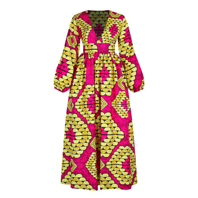 2021 High quality New Women Dress Autumn Winter V neck Long Sleeve Print Loose Dress Fashion Evening Long Dress