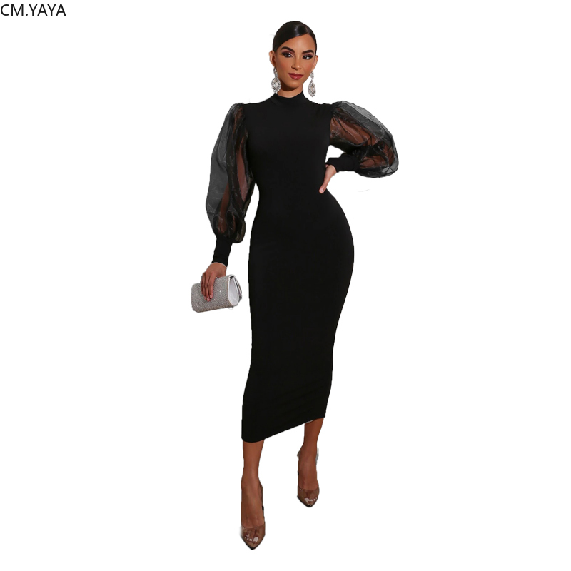 2021 High quality Women Summer Midi Dress Mesh Patchwork Full Sleeve High Waist Sexy Street Bandage Dresses Vestidos
