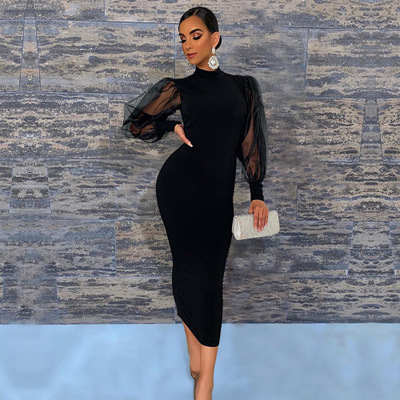 2021 High quality Women Summer Midi Dress Mesh Patchwork Full Sleeve High Waist Sexy Street Bandage Dresses Vestidos